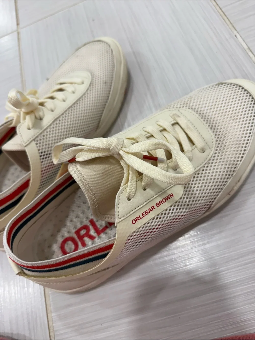 Orlebar Brown Cream Mesh Sneakers with Red Trim